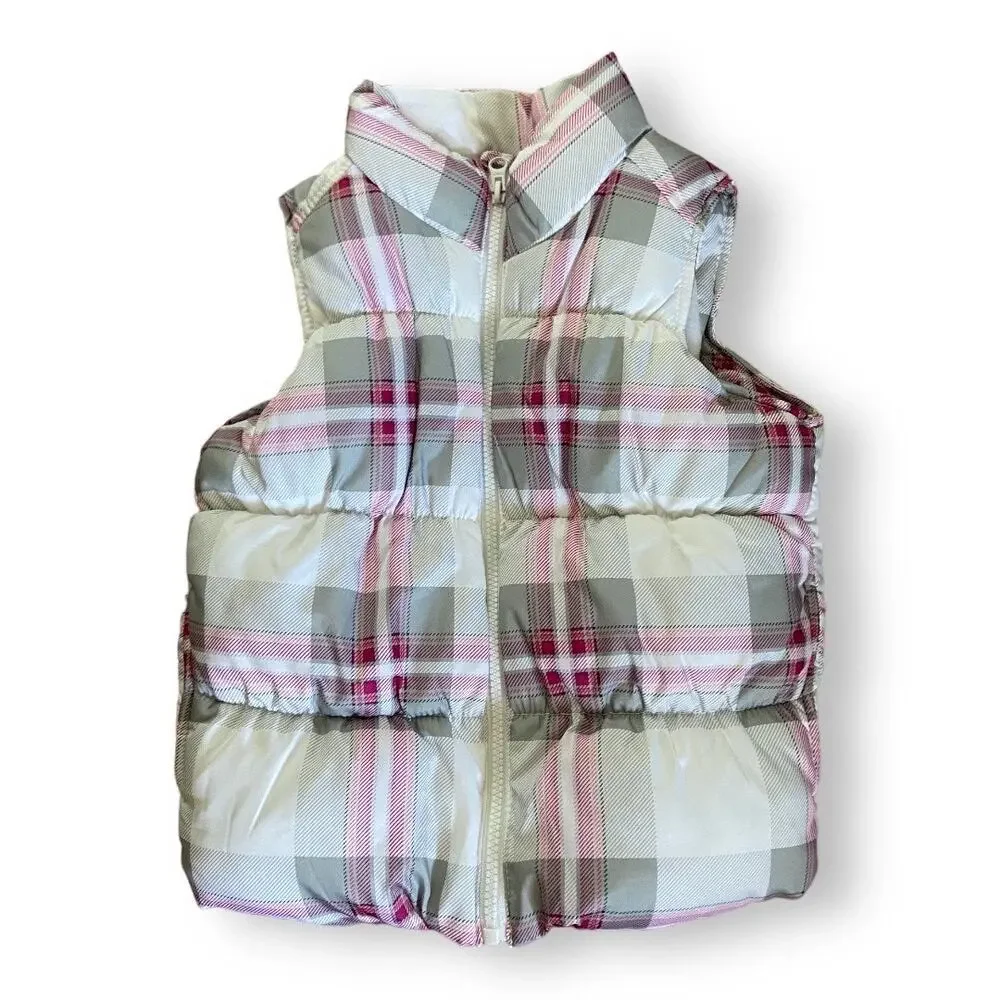 Old Navy Girls Vest Size Small 6 7 Frost Free White Pink‎ Gray Plaid Puffer